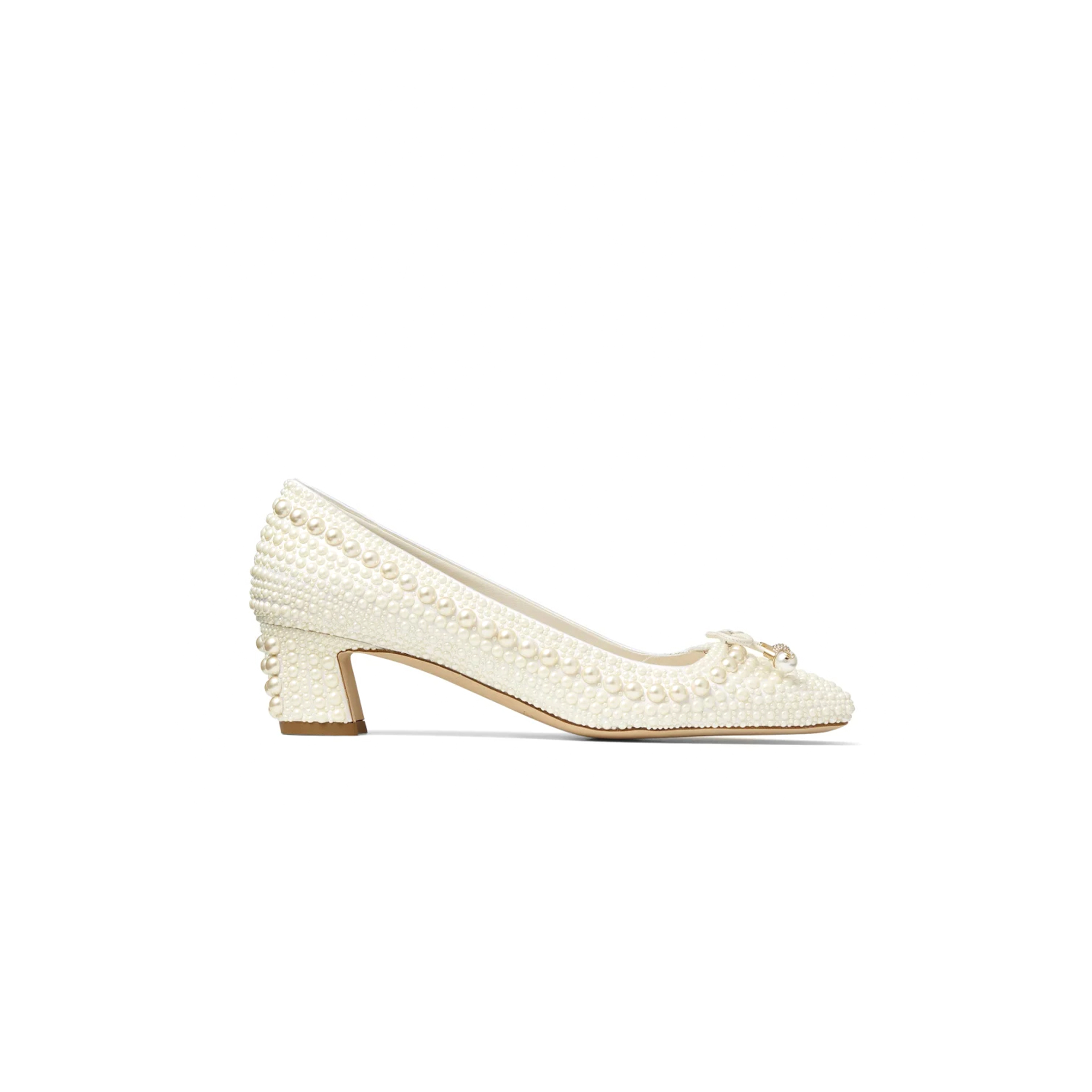 JIMMY CHOO ELME 45 WHITE PEARL EMBELLISHED SATIN PUMPS ELME45WOZ